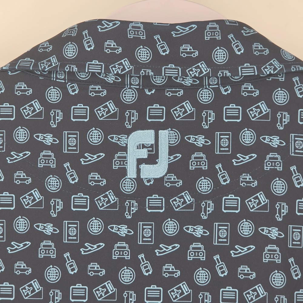FootJoy Mens Large Navy Blue Travel Print Performance Golf Polo Rock Creek Club - Picture 6 of 7